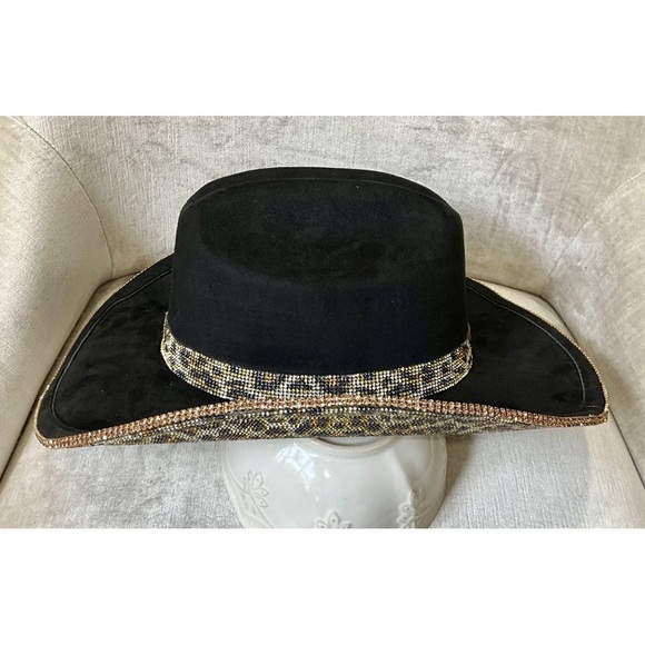 Free People Cowboy Hat Velvet Black Gold Leopard Jeweled Brim Band